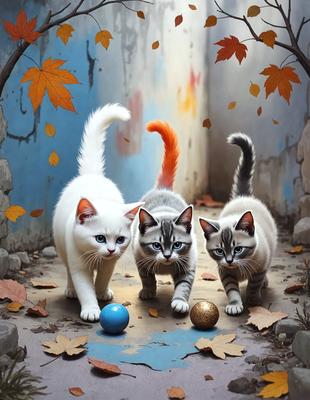The primary subject of the image is a group of three cats standing next to each other. They are positioned in front of a blue wall, which serves as the setting for the scene. The visual style of the image is digital art, as it appears to be a painting or drawing of the cats. The colors and mood of the image are predominantly blue and calm, with the cats seemingly enjoying their time together.